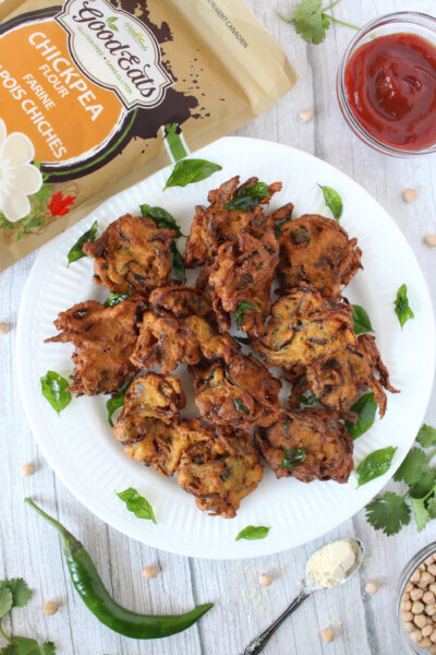 pilling-foods-onion-fritters-overhead-plate-chickpea-flour-bag-pure-sprinkles